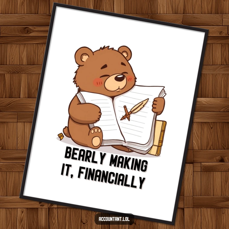 Funny Free Printable Bear Wall Art: A determined brown bear scribbles intently on a ledger with a quill, adding motivational humor to your decor.