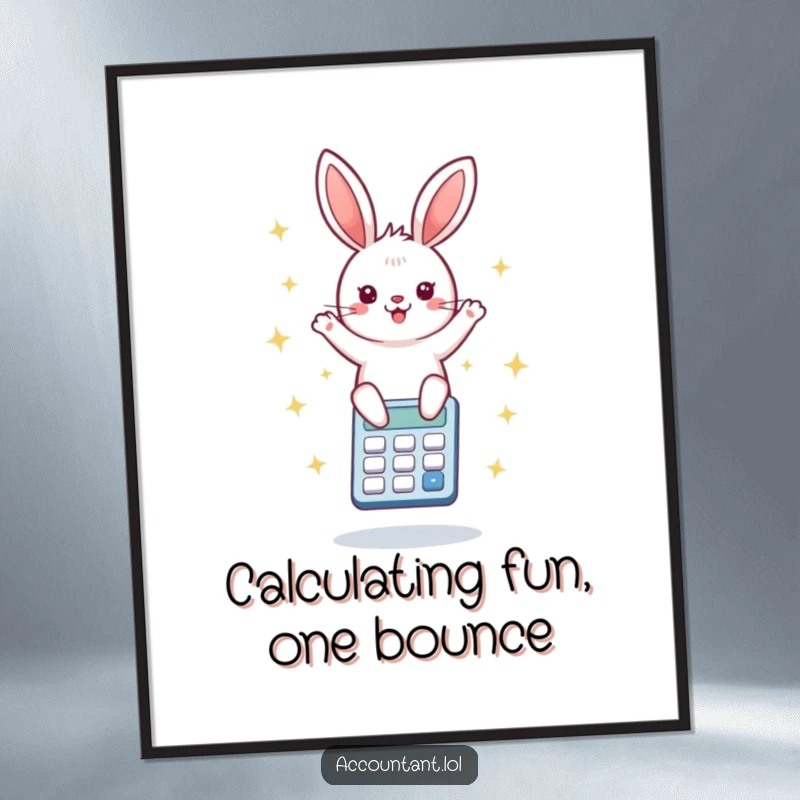 Funny Free Printable Wall Art: Energetic bunny bouncing high on a calculator, surrounded by vibrant starbursts, bringing joy.