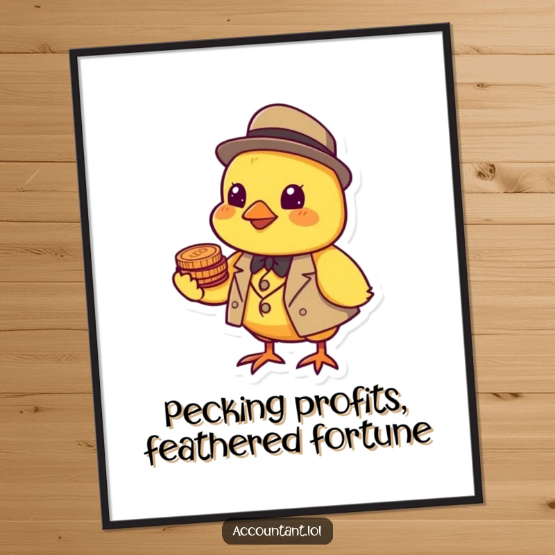 Funny Free Printable Chick Wall Art: A cheerful yellow chick in a tiny suit expertly balances coins on its beak, adding dapper humor to your wall.