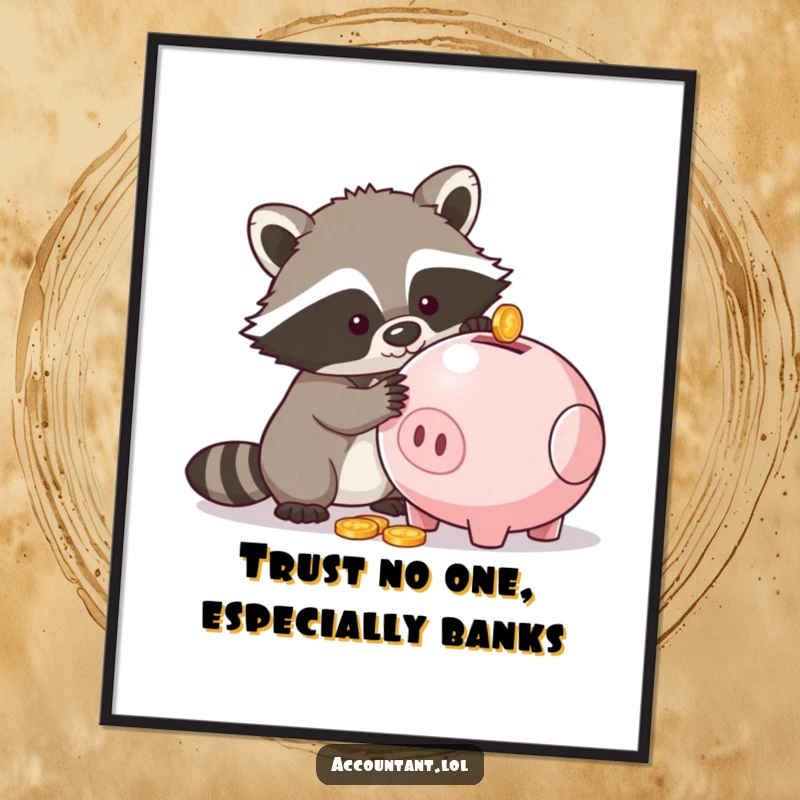 Funny Free Printable Wall Art: A curious raccoon attempting to extract coins from a classic piggy bank.