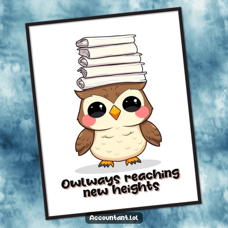 Funny Free Printable Wall Art: A giggling owl humorously balances a huge stack of papers on its head, a comical scene.