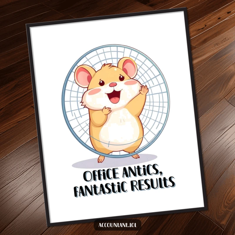 Funny Free Printable Wall Art: A happy hamster joyfully spins an office fan with its entire body, creating a dynamic, humorous scene.