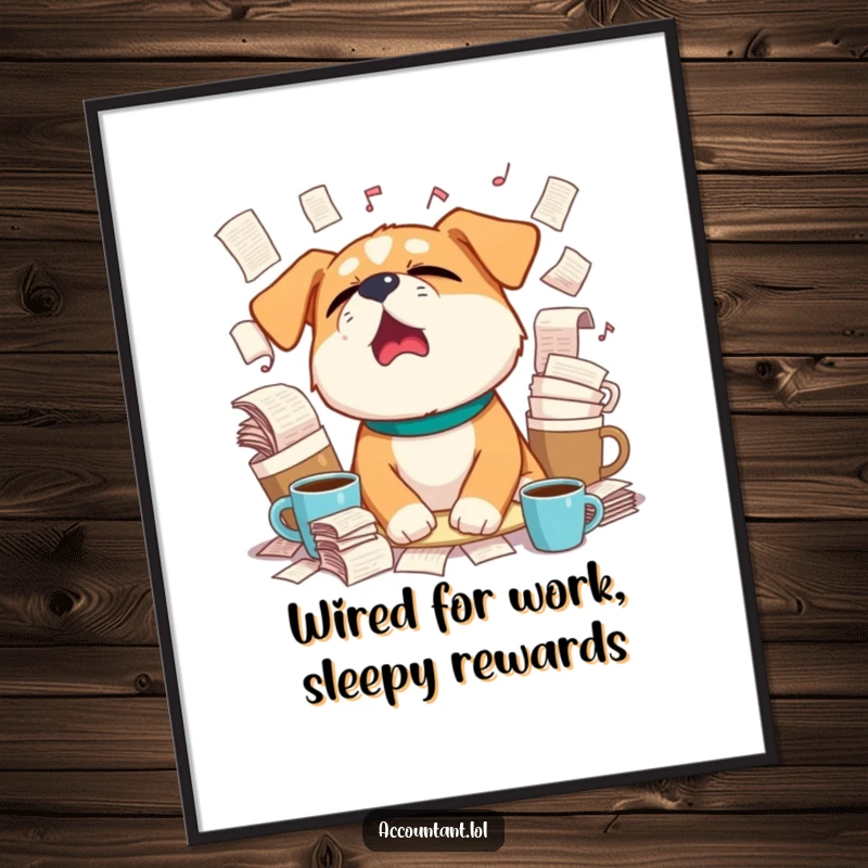 Funny Free Printable Wall Art: A very sleepy dog yawns widely, dwarfed by an avalanche of coffee cups and stacks of urgent paperwork.