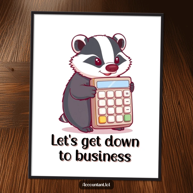 Funny Free Printable Wall Art: A focused badger intensely pushes a giant calculator, bringing office or study humor.