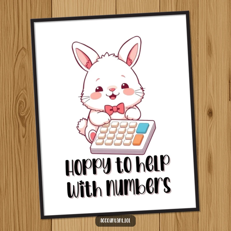 Funny Free Printable Wall Art: Fluffy bunny in bowtie joyfully tapping calculator keys, quirky office decor, downloadable art.