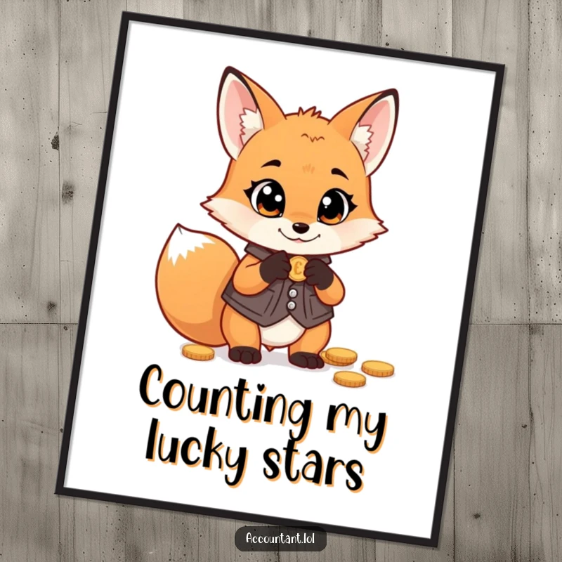 Funny Free Printable Wall Art: Mischievous fox in vest counting coins with wide eyes, whimsical money decor, downloadable art.