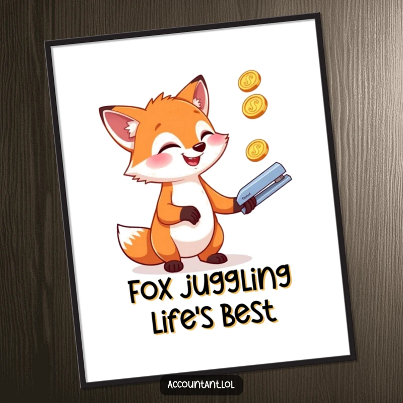 Funny Free Printable Wall Art: A gleeful fox juggling coins and a stapler with impressive skill and humor.