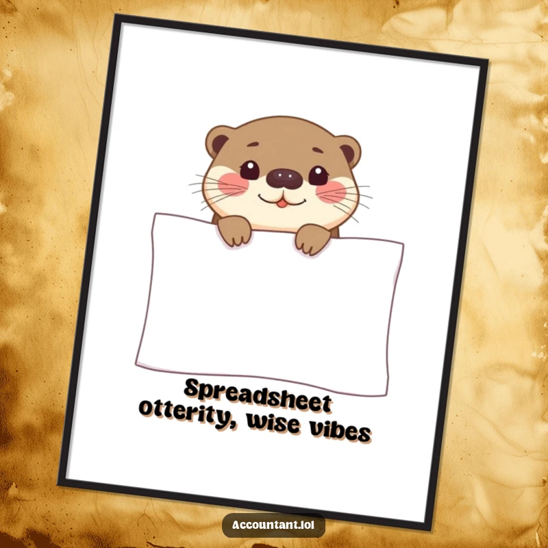 Funny free printable wall art: A curious otter peeks over a giant spreadsheet with a knowing smile, delightful downloadable decor.