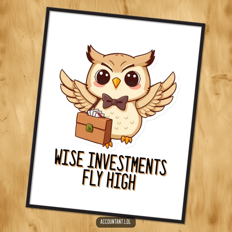 Funny Free Printable Wall Art: A distinguished owl in a bow tie carries a briefcase while flying, bringing office humor.