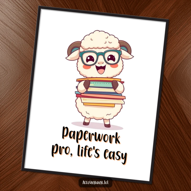 Funny Free Printable Wall Art: A fluffy sheep with glasses nervously balancing a precarious stack of colorful papers.
