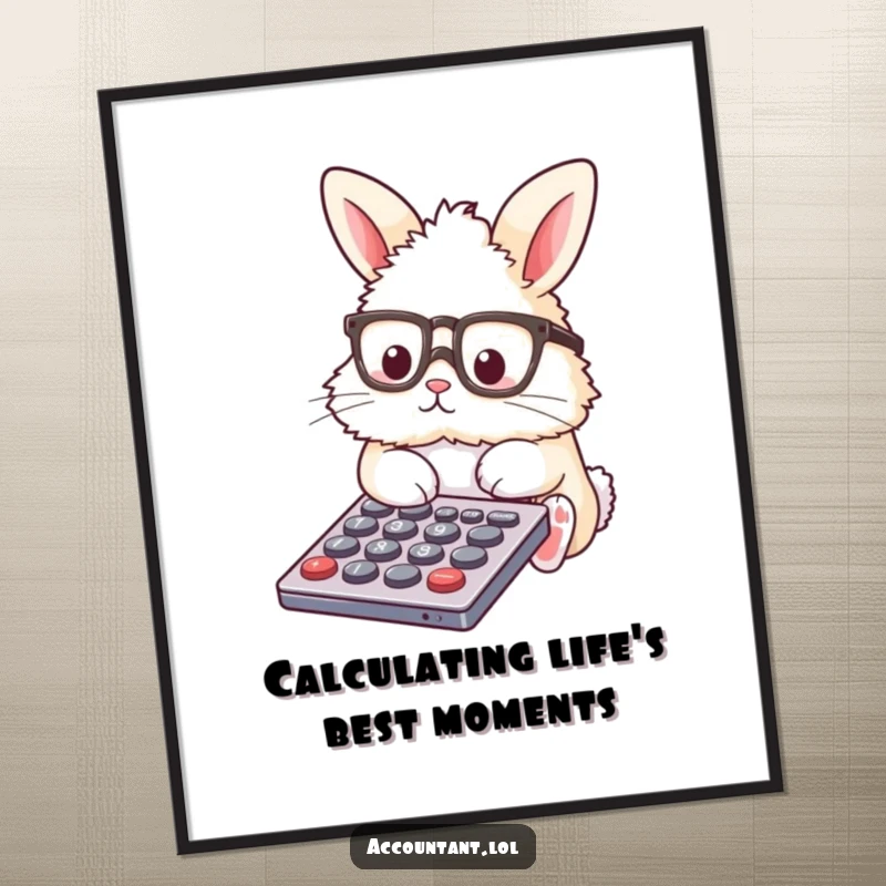 Funny Free Printable Wall Art: A fluffy bunny wearing glasses happily taps on a calculator, a quirky addition to any room.
