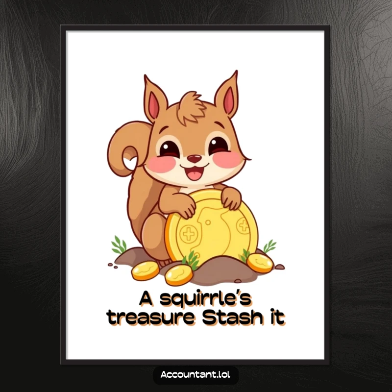 Funny Free Printable Wall Art: A delighted squirrel joyfully burying a giant golden coin, bringing wealth and whimsy.