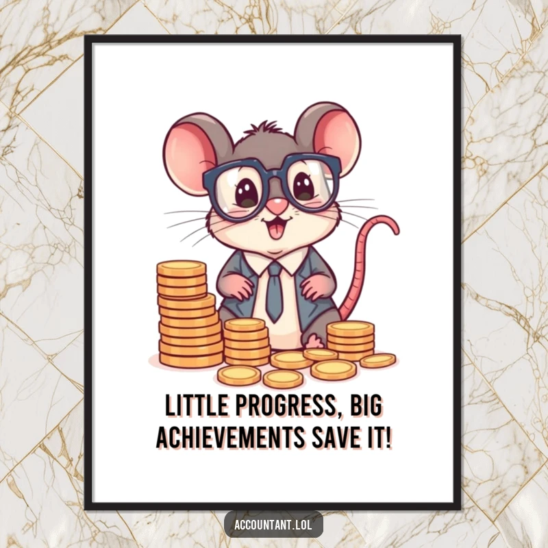 Funny Free Printable Wall Art: A small mouse accountant with big glasses is intensely sorting tiny stacks of coins.