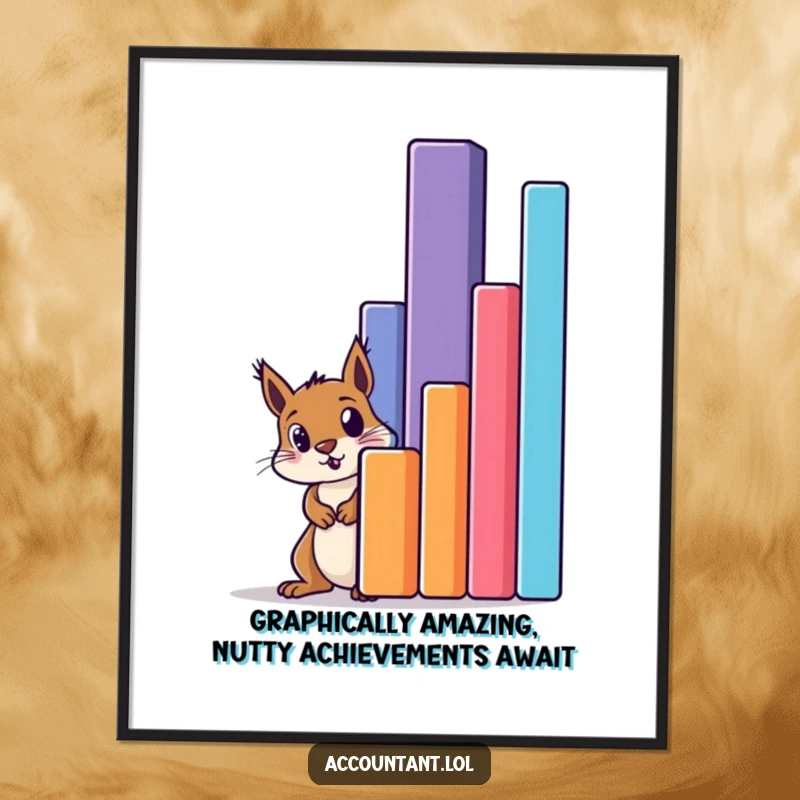 Funny Free Printable Wall Art: A curious squirrel peeks from behind an enormous bar graph, its eyes wide with amazement at the data.