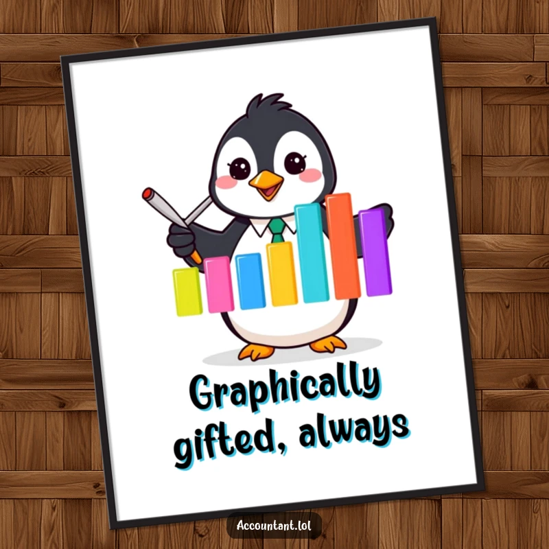 Funny Free Printable Wall Art: A dapper penguin accountant excitedly presents a vibrant bar graph, bringing lively financial humor to any room.