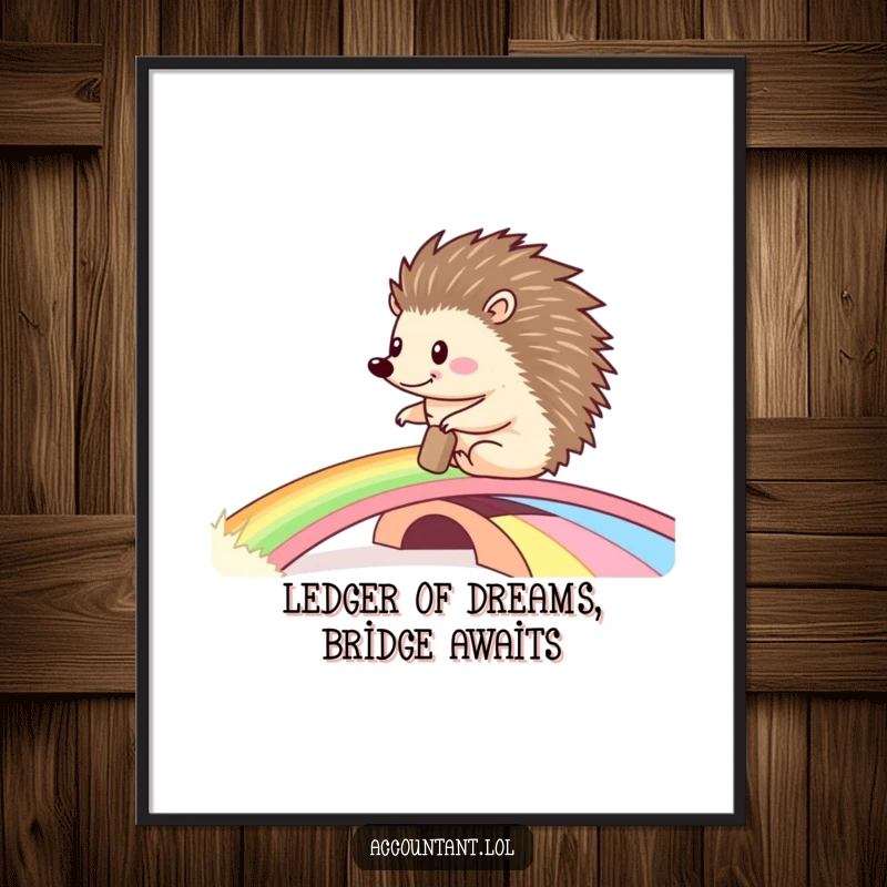 Funny Free Printable Wall Art: Adorable hedgehog happily rolling a large ledger across a vibrant rainbow bridge, bringing cheer.