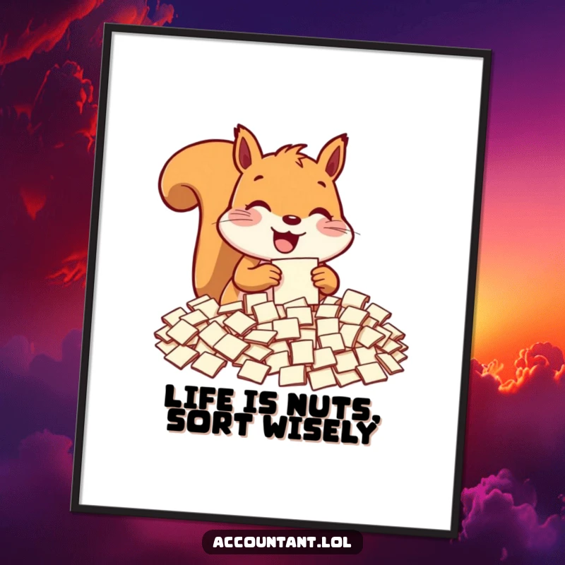 Funny free printable wall art of a delighted squirrel meticulously sorting through an enormous mountain of tiny paper slips.