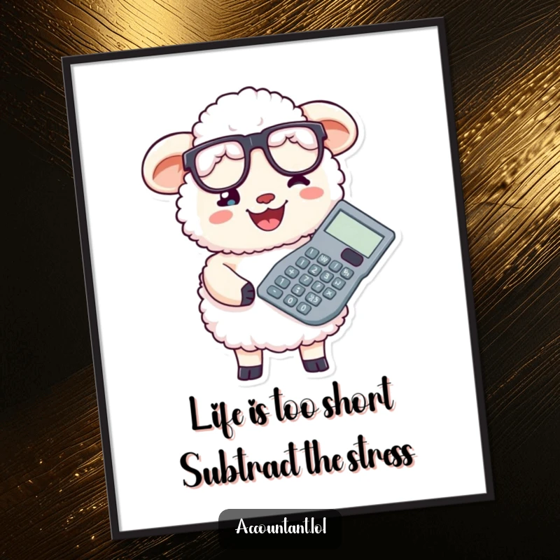 Funny Free Printable Wall Art: A smiling sheep accountant wearing glasses holds a giant calculator, exuding playful intelligence.