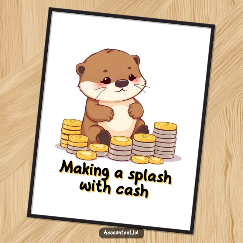 Funny free printable otter art featuring a diligent otter carefully arranging shiny coins into neat, organized piles.