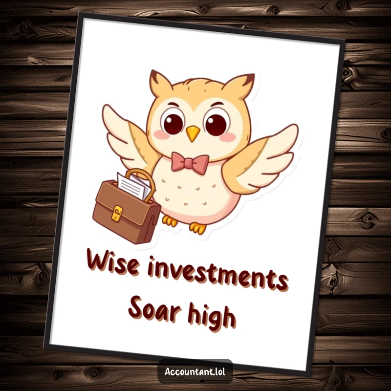 Funny Free Printable Wall Art: A happy owl in a bow tie, briefcase in tow, flying smartly for office decor.