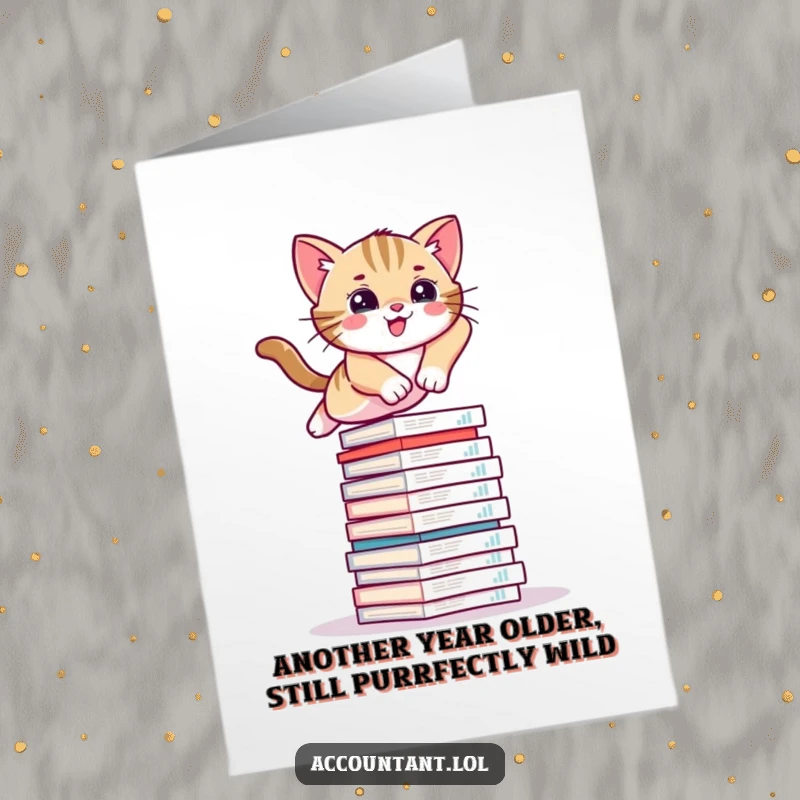 Funny Free Printable kitten card with a playful cat jumping over a huge stack of financial reports, for birthdays.
