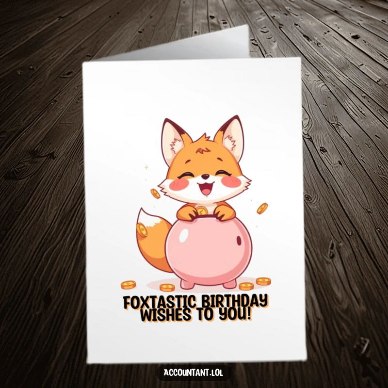 Funny Free Printable Birthday Card: A cheerful fox cub joyfully throws coins into a piggy bank, celebrating a birthday.