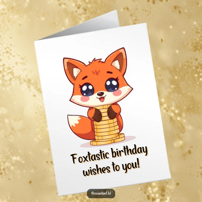 Funny Free Printable Fox Birthday Card: A giddy red fox with wide, excited eyes stacks oversized coin stacks, wishing you a Happy Birthday.