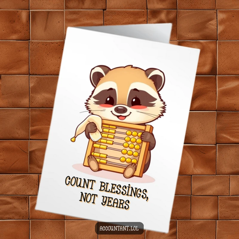 Funny Free Printable Birthday Card: Smiling badger polishing a golden abacus, adding a touch of humor to birthday wishes.