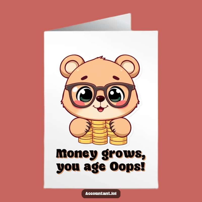 Free Printable Birthday Card: Funny Bear Cub Stacking Coins Card, Downloadable Humorous Gift