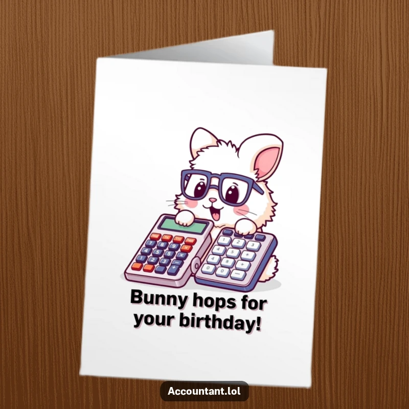 Funny Free Printable Birthday Card: Fluffy bunny in glasses joyfully stamps a gigantic calculator, spreading birthday cheer.