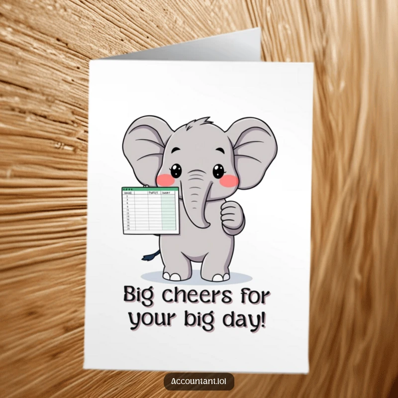 Funny Free Printable Birthday Card: Proud elephant holding a perfectly balanced spreadsheet, celebrating fiscal responsibility.