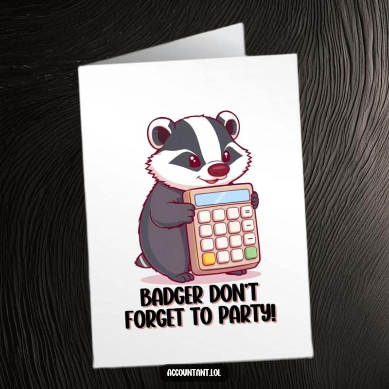 Funny Free Printable Birthday Card: A determined badger intensely pushes a giant calculator, ready for birthday calculations.