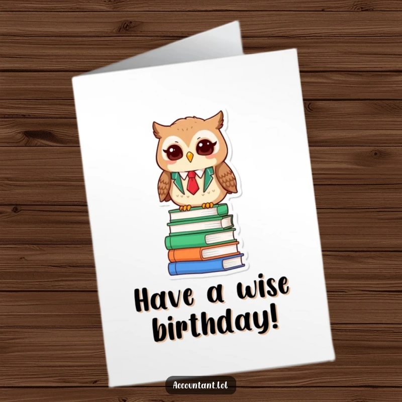 Funny Free Printable Birthday Card: A satisfied owl accountant blinks contentedly atop a pile of books, bringing wise humor to your celebration.