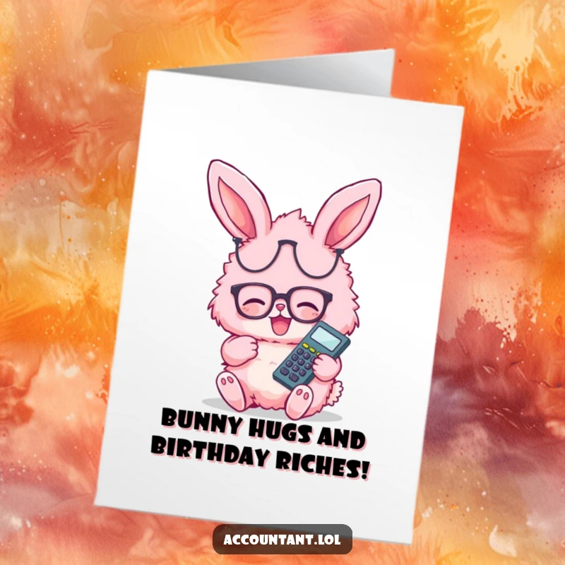 Funny Free Printable Bunny Birthday Card: A fluffy pink bunny with glasses giggles holding a calculator, ready to wish you Happy Birthday.