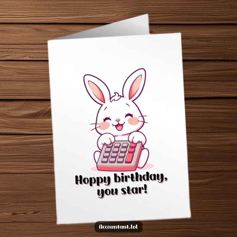 Funny Free Printable Birthday Card: A cheerful bunny happily taps a calculator with its paws, calculating birthday joy.