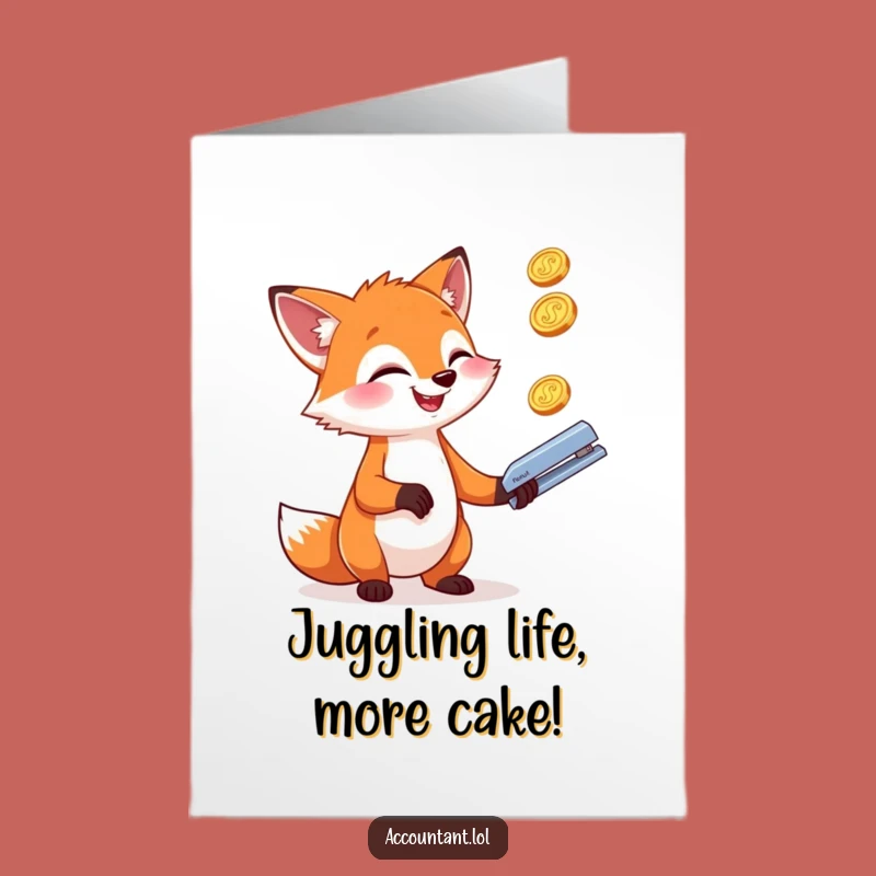 Free Printable Funny Fox Birthday Card: Juggling Office Fun Downloadable Gift