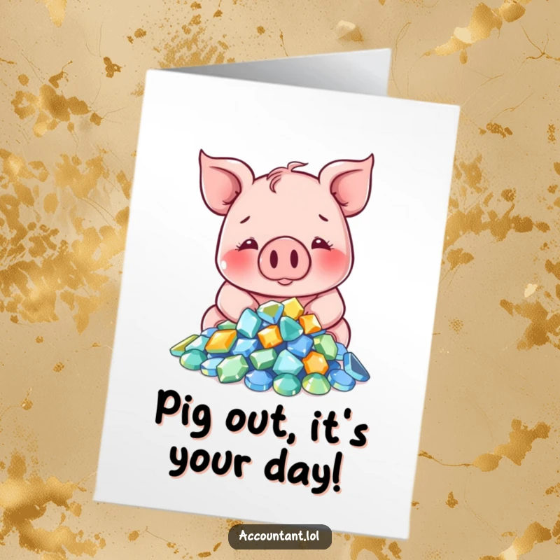 Funny Free Printable Birthday Card: A smiling pig happily counts sparkling gems with a contented sigh, wishing a wealthy birthday.
