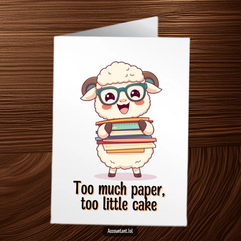 Funny Free Printable Birthday Card: Fluffy sheep in glasses excitedly balancing a huge stack of papers, perfect for a birthday.