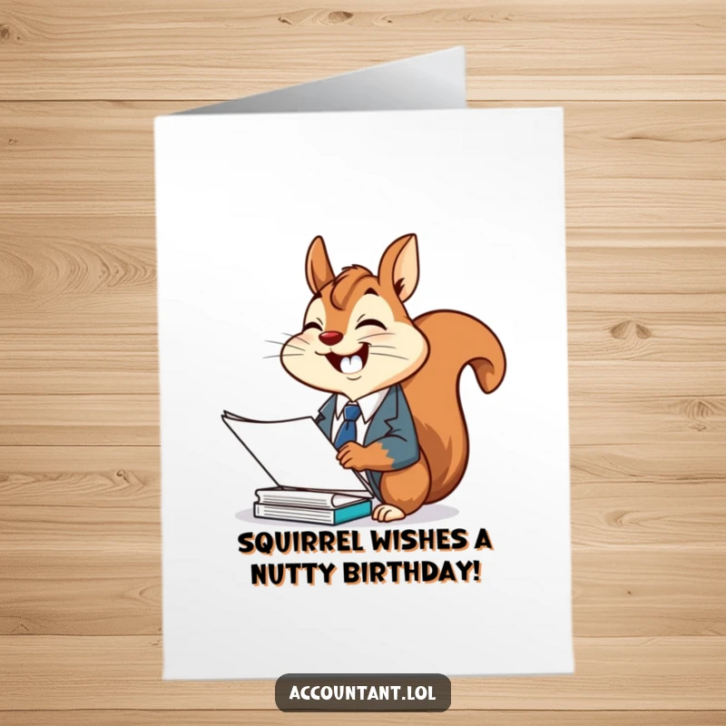 Funny Free Printable Birthday Card: Cheerful squirrel in suit giggling while filing documents, birthday wishes, office humor.