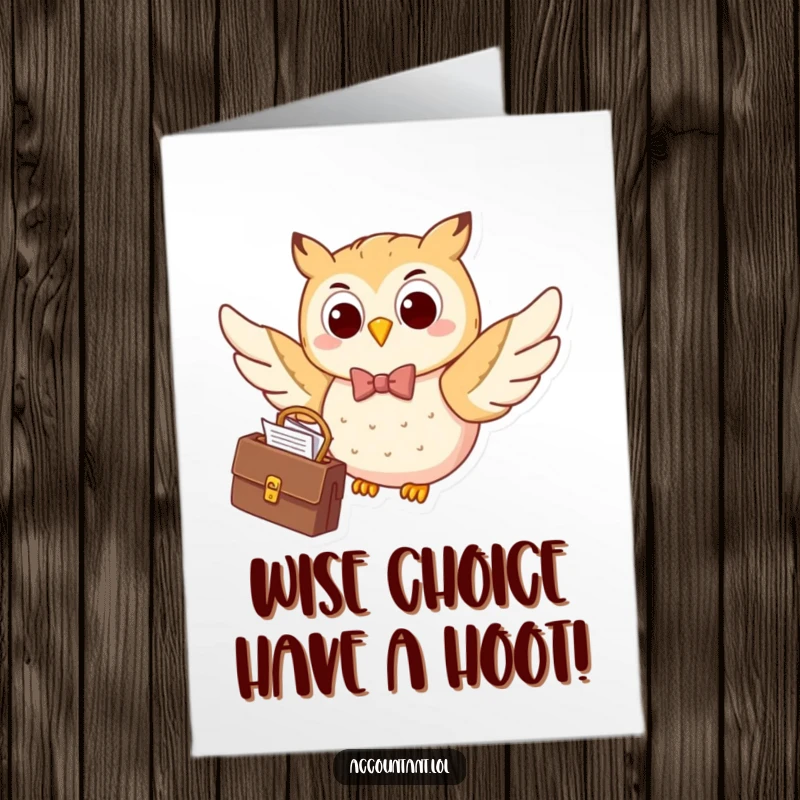 Funny Free Printable Birthday Card: A happy, bow-tied owl executive flies with a briefcase full of papers, ready for celebration.