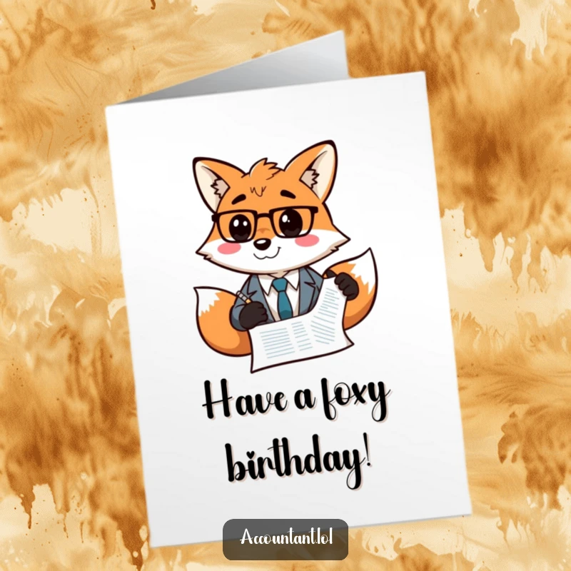 Funny Free Printable Birthday Card: A cunning fox accountant grins confidently while drawing a smiley face on a financial balance sheet.
