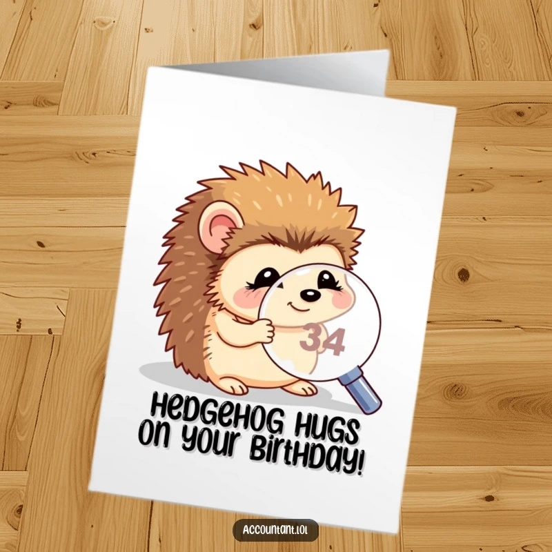 Funny Free Printable Birthday Card: Giggling hedgehog peers over a magnifying glass at a tiny number for a birthday wish.