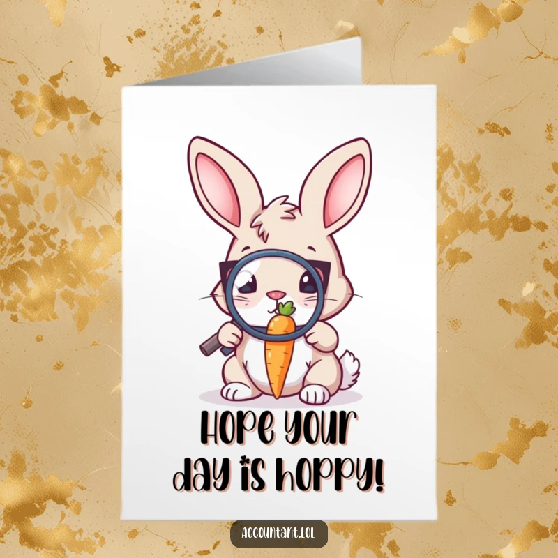Funny Free Printable Birthday Card: Intense bunny auditor with a magnifying glass inspects a tiny carrot, adding quirky humor to your celebration.