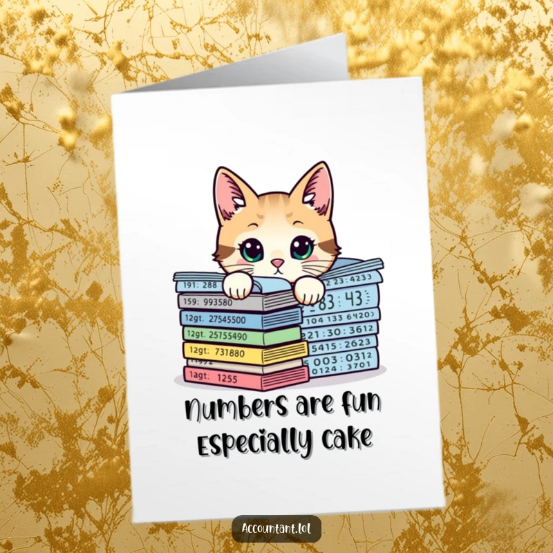 Funny Free Printable Birthday Card featuring a curious cat accountant peeking over numerical charts, ready for a laugh.