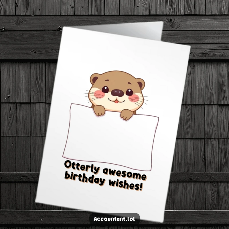 Funny free printable birthday card: A curious otter peeks over a giant spreadsheet with a sweet smile, a charming downloadable gift.