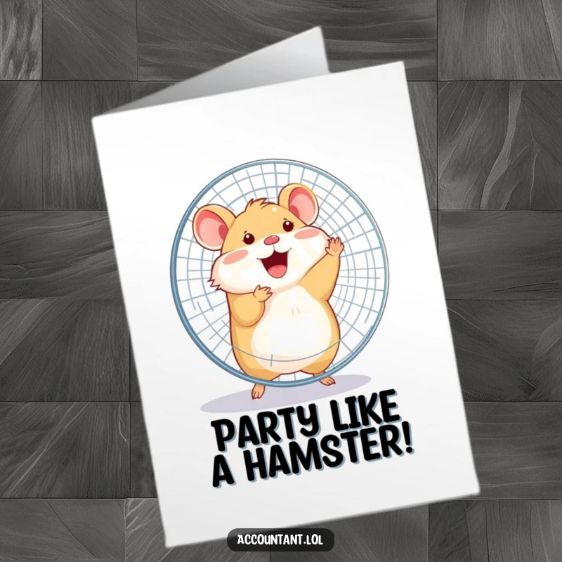 Funny Free Printable Birthday Card: A happy hamster is joyfully spinning a large office fan with its whole body, creating a whirlwind.
