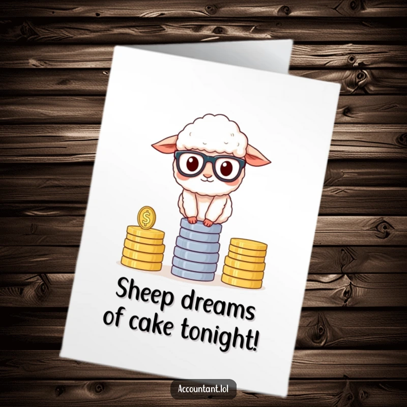 Funny Free Printable Birthday Card: A fluffy sheep in glasses precariously balances a tower of coins, looking smart.