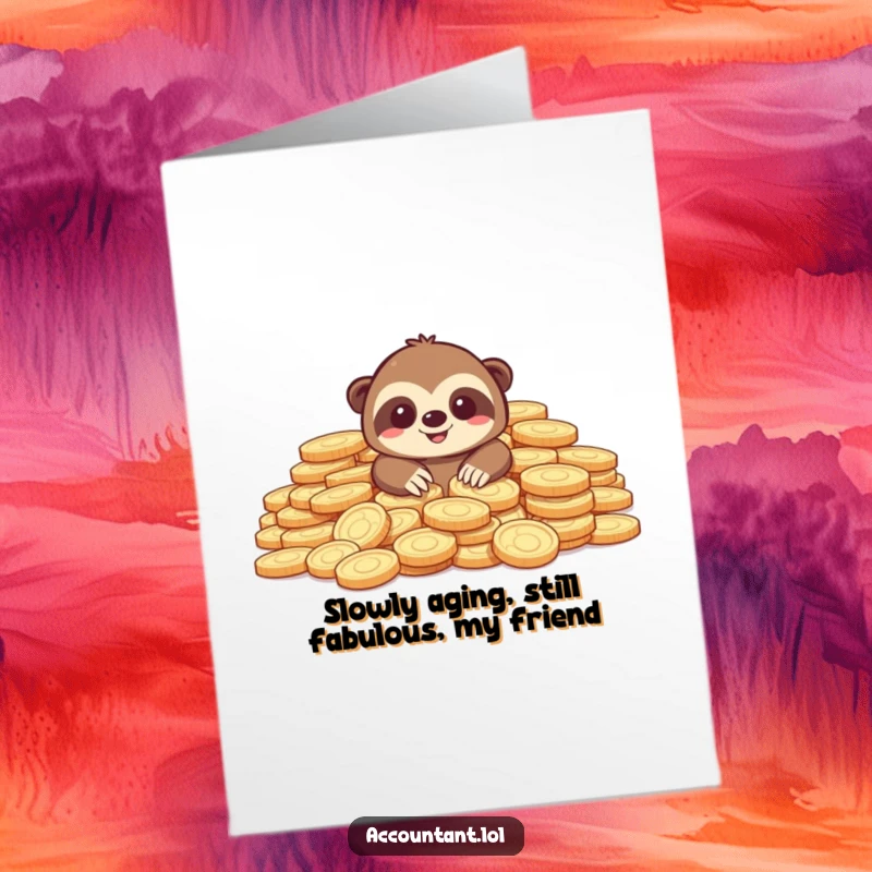 Funny Free Printable sloth card with a happy sloth buried in giant coins for a birthday, perfect DIY gift.