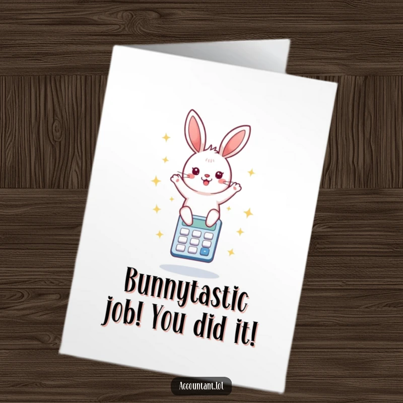Funny Free Printable Congratulations Card: Energetic bunny actively bouncing on a calculator surrounded by celebratory starbursts.