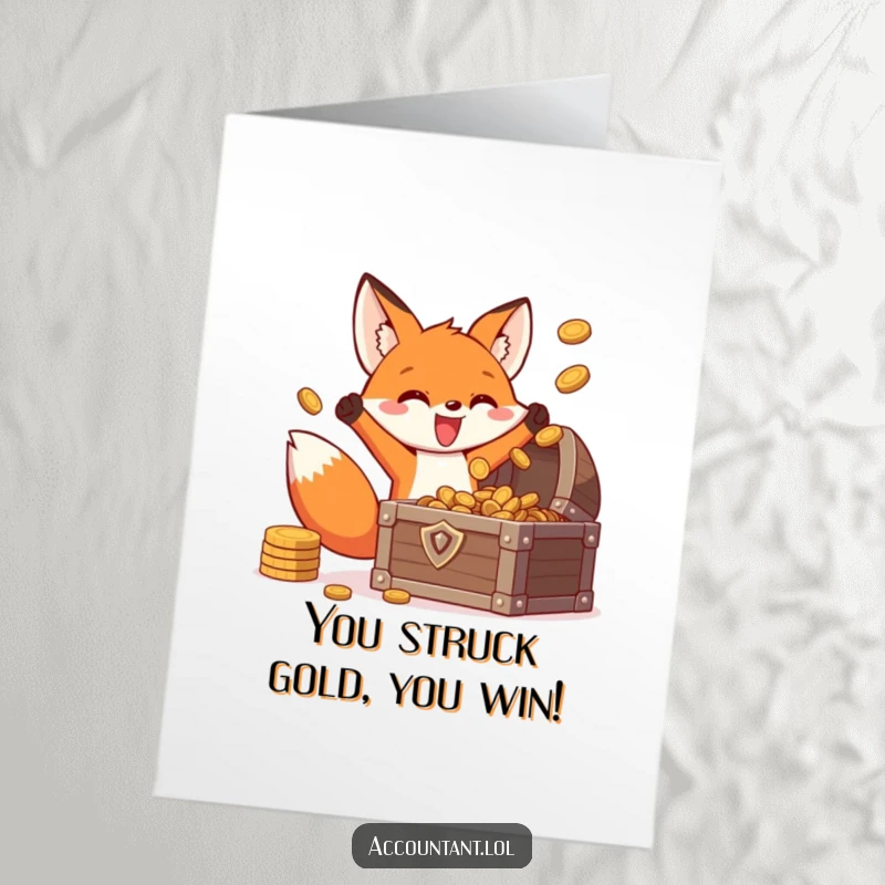 Funny Free Printable Congratulations Card: An energetic fox joyfully tosses coins into a treasure chest with a triumphant pose.
